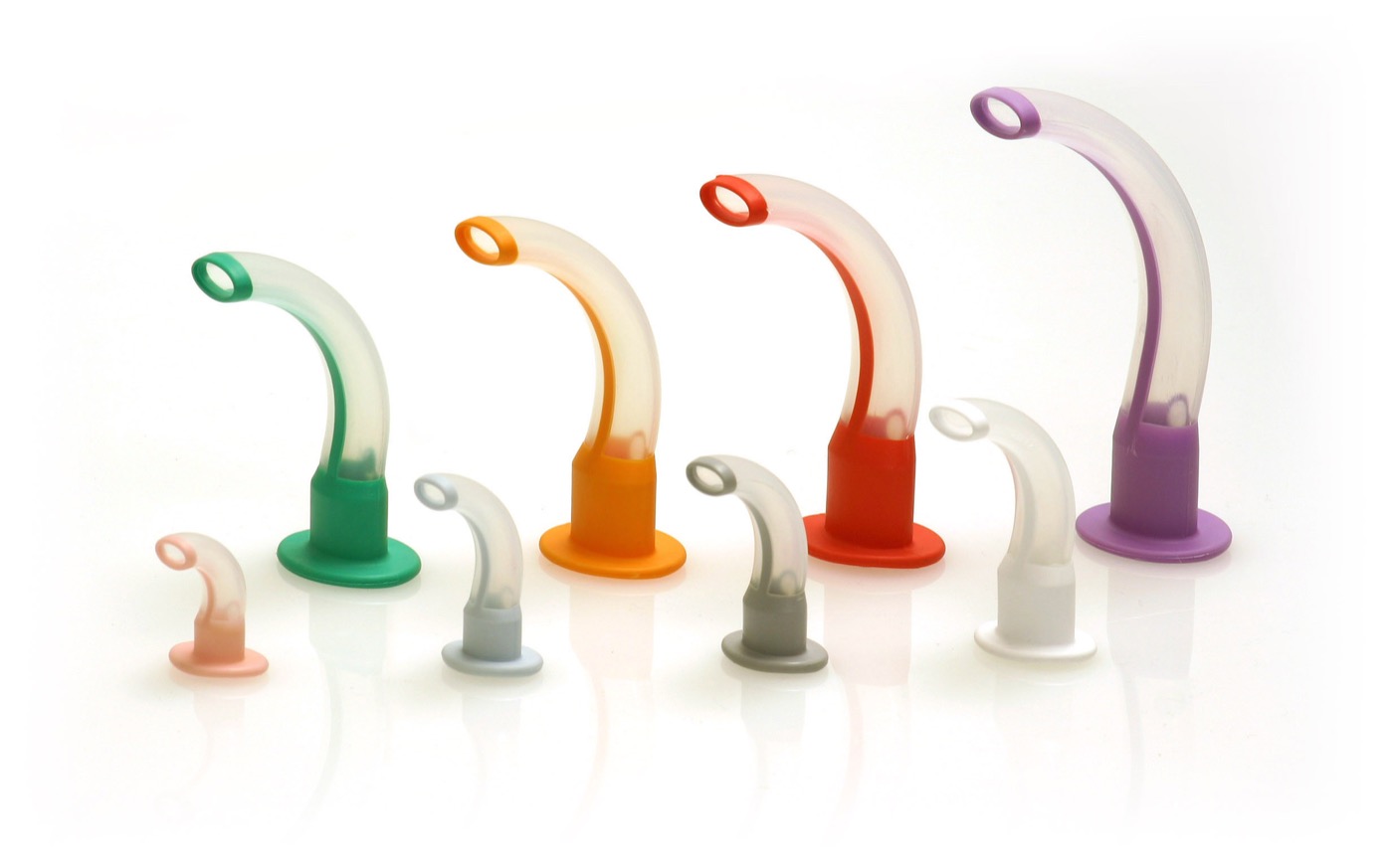Colour-coded Guedel oropharyngeal airways in a range of sizes